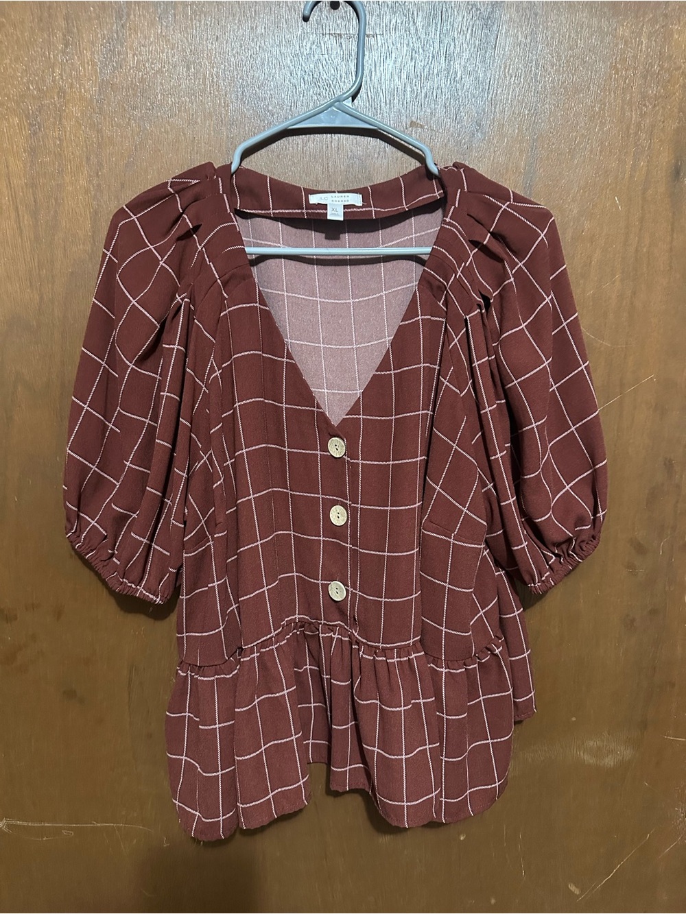 LC Lauren Conrad Burgundy Plaid Peplum Button-Front Top
